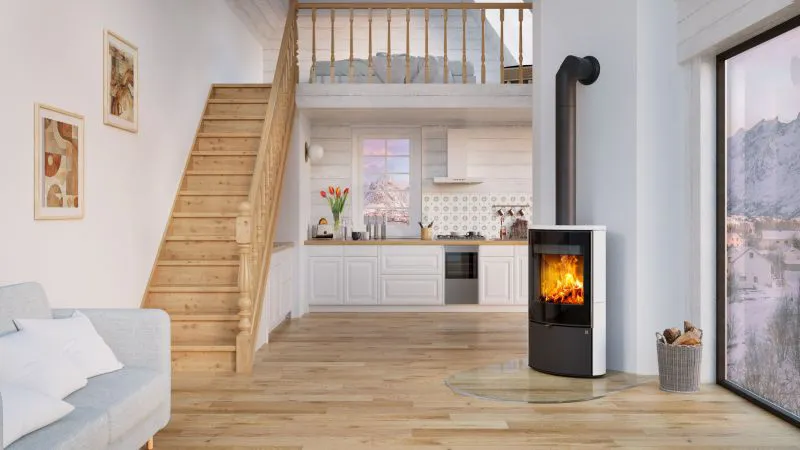 Kaminofen HEIDAL 10 | Außengehäuse aus Keramik | Holzkamin | aus Stahl | Edelstahlgriff| Farbe: Weiß / Schwarz | 6,3 kW