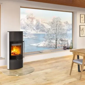 Kaminofen HEIDAL H 10 | Außengehäuse aus Keramik | Holzkamin | aus Stahl | Edelstahlgriff| Farbe: Weiß / Schwarz | 6,3 kW