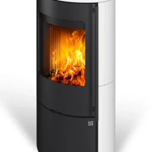 Kaminofen VIDDAL 10 | Außengehäuse aus Keramik | Holzkamin | aus Stahl | schwarzer Edelstahlgriff | Farbe: Weiß / Schwarz | 5,1 kW